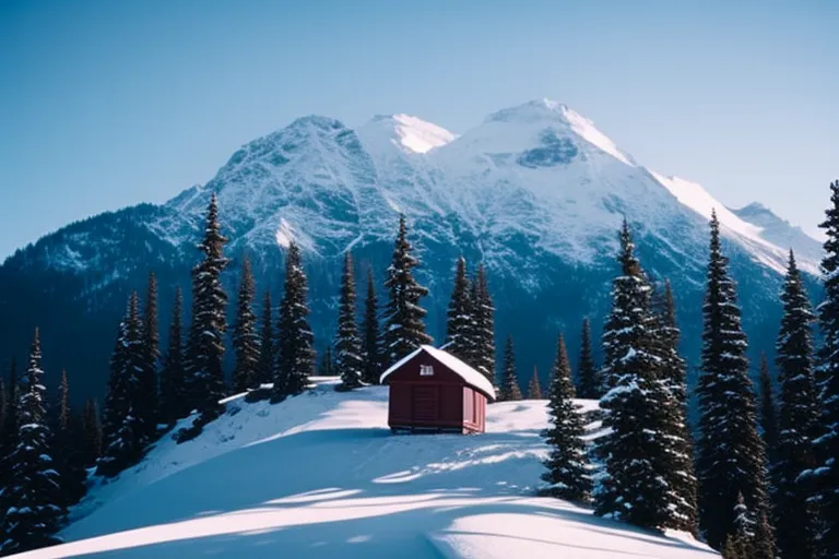 A snowy mountain landscape with a small cabin in the foreground surrounded by trees and a winding road leading up to it.