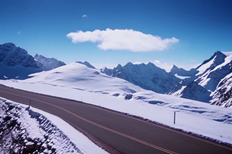 A snowy mountain peak rises against a blue sky, with a winding road leading up to it and a small village nestled at the base.