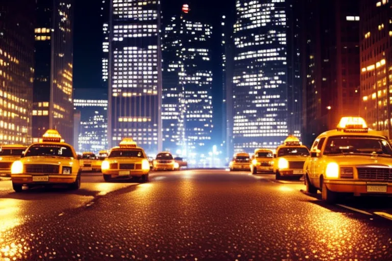 A colorful street with multiple taxi cabs parked on the side, surrounded by tall buildings and bright lights in the background.