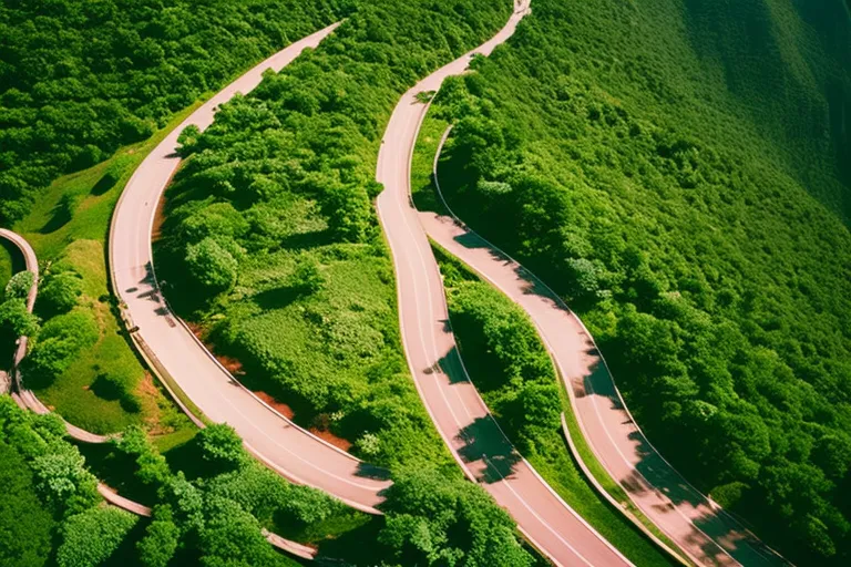 A winding road leading to a colorful destination, with lush greenery and vibrant hues.