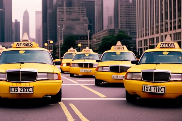 A photo of a colorful array of taxis parked in a row, with their drivers leaning against them, waiting for passengers. The background is a blurred cityscape with tall buildings.