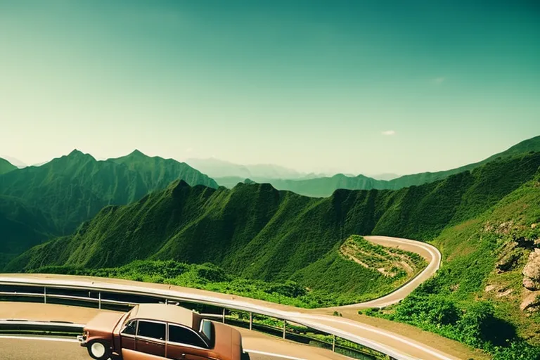 A photo of a taxi parked on a winding road with lush green mountains in the background, showcasing the scenic beauty of the region.