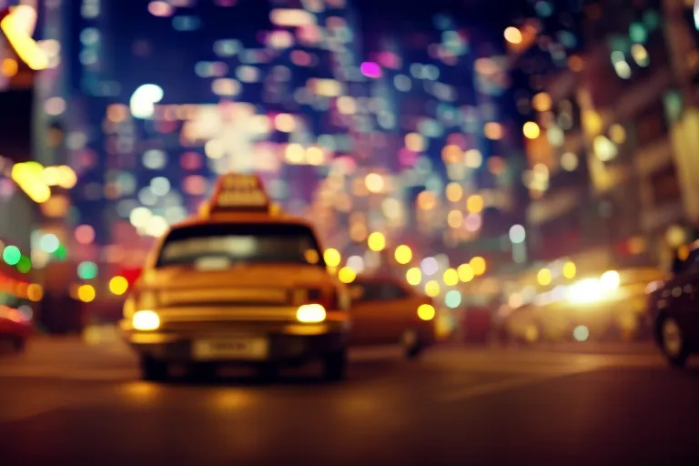 An abstract photo of a taxi sign with a blurred background of colorful lights and movement.
