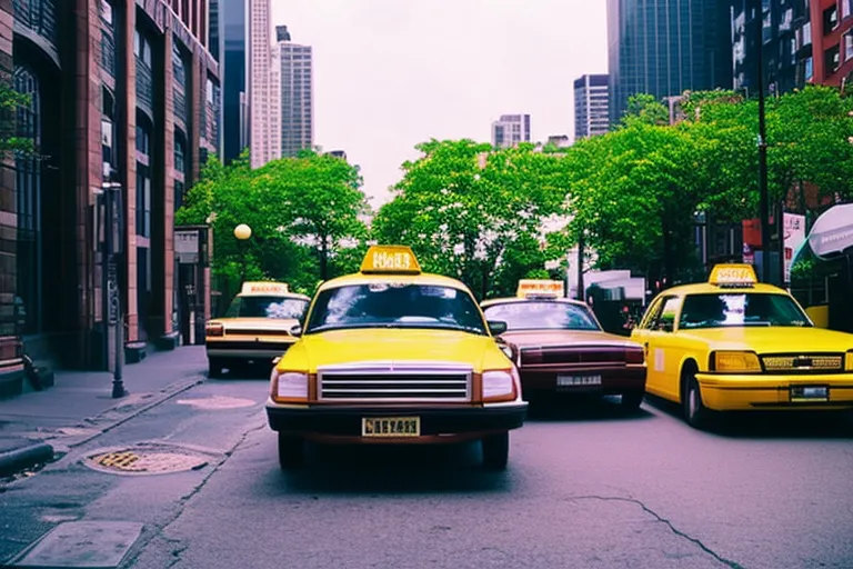 A taxi waiting on a quiet street, surrounded by colorful buildings and trees in bloom.