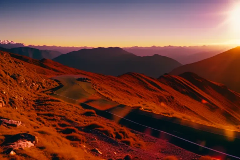 A winding road through mountainous terrain, with a colorful bus in the distance. The sky is a gradient of warm colors, indicating either sunrise or sunset.