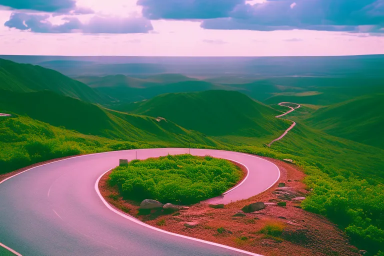 A winding road through rolling hills with a colorful sky in the background.