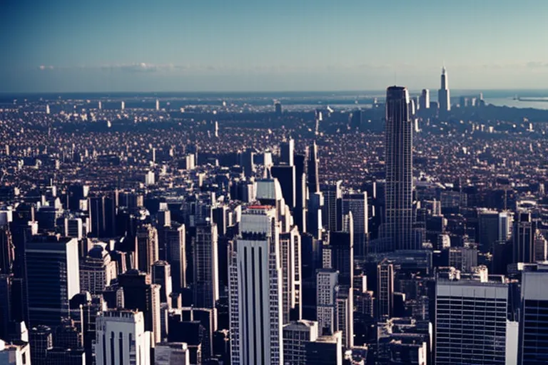 A cityscape featuring a tall, reflective structure against a bright, cloudy sky.