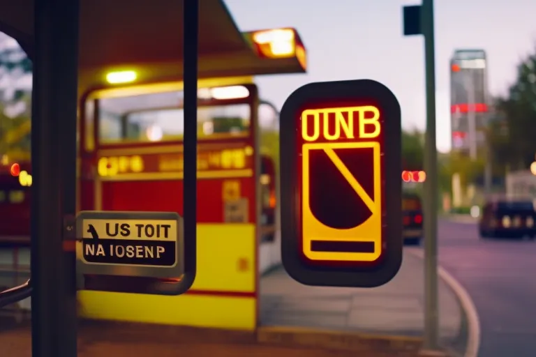 A colorful bus stop sign with blurred lights and passing vehicles in the background.