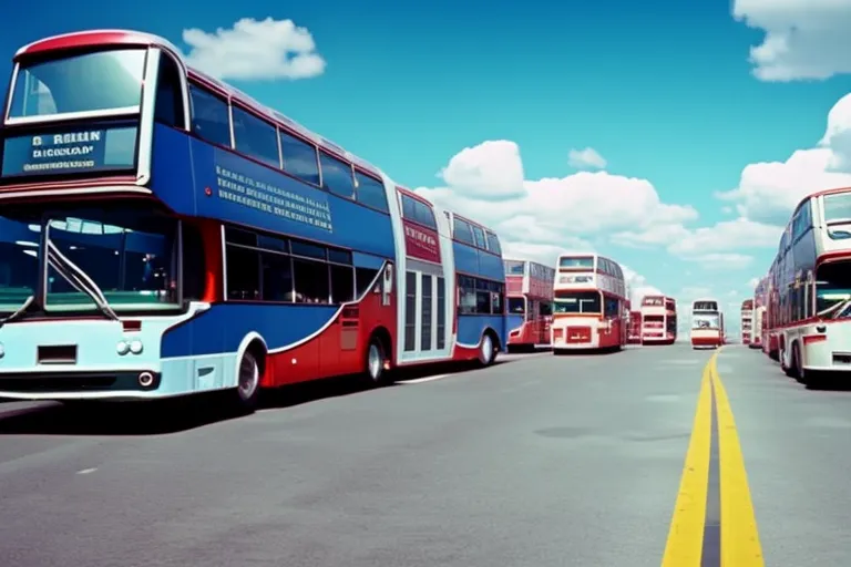 A winding road leading to a colorful building with buses parked in front. The sky is blue with white fluffy clouds.