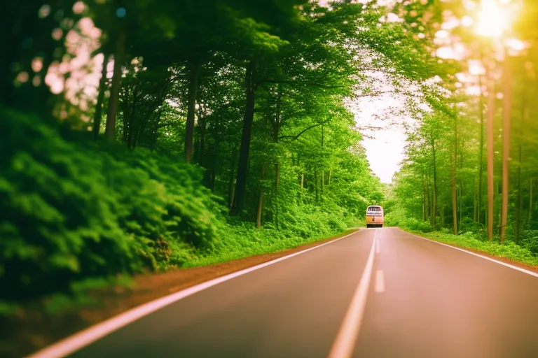 A colorful bus driving through a winding road surrounded by lush greenery and tall trees.