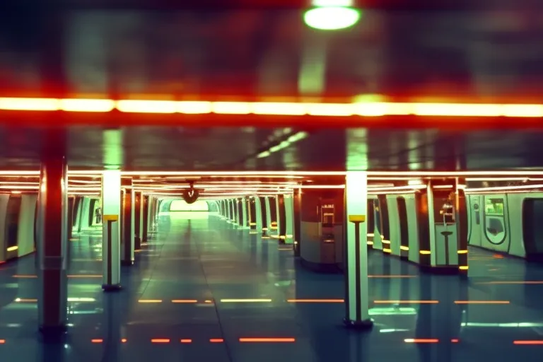 A colorful underground world with glowing lines and abstract shapes, hinting at the convenience and affordability of underground transportation.