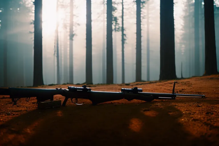 A forested landscape at dawn with mist rising from the ground and a hunting rifle propped up against a tree trunk.