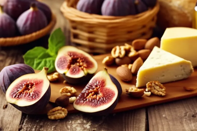 A rustic wooden board with a wedge of Imeretian Cheese, surrounded by sliced figs, grapes, and nuts. A wine glass and a bread basket are in the background, creating a cozy atmosphere.