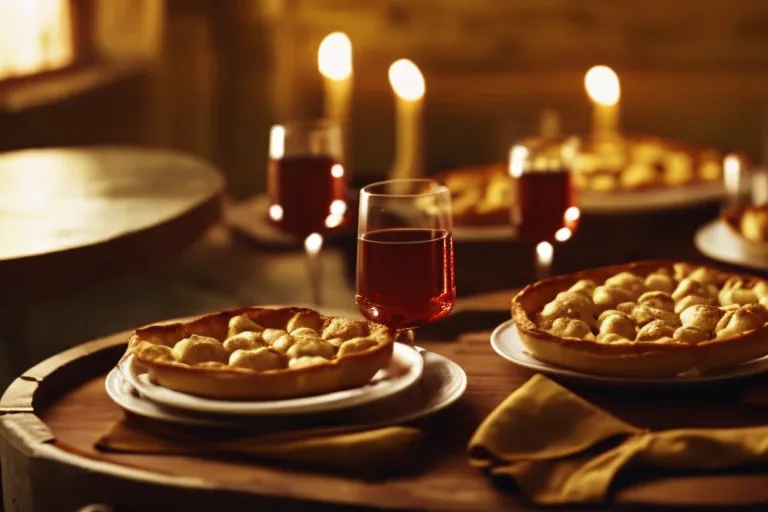 A rustic table setting featuring traditional Georgian dishes such as Khachapuri, Elarji, Chvishtari, Lobio, Kharcho, and Churchkhela, accompanied by glasses of Georgian wine.
