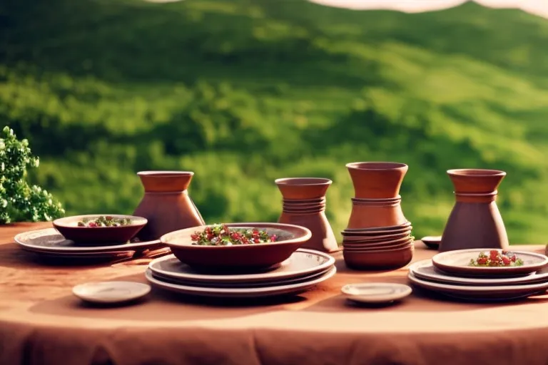 A rustic table set for a feast, adorned with traditional clay vessels and colorful plates. The backdrop features rolling hills and lush greenery.