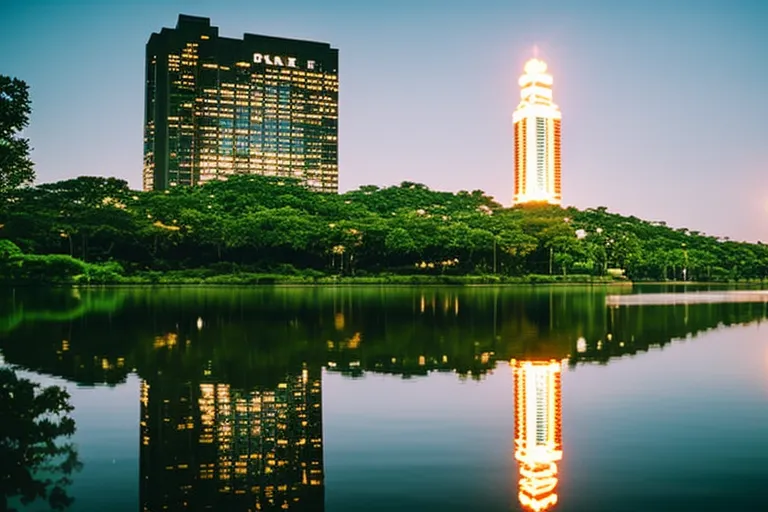 A stunning photo of a towering building with an illuminated entrance, surrounded by lush greenery and a shimmering body of water in the foreground.