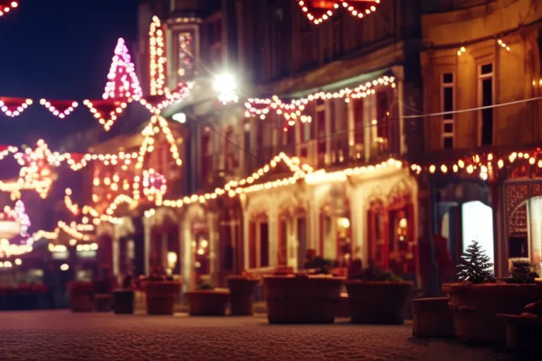 A festive street scene with colorful lights, traditional food stands, and Georgian architecture in the background.