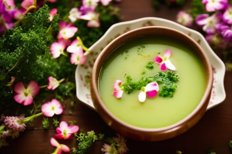 A vibrant, colorful bowl of soup with a garnish of pickled blossoms and herbs, set against a backdrop of mountainous terrain and greenery.