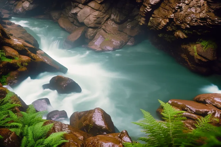 A misty river flowing through a rocky gorge with lush green trees and ferns on either side.