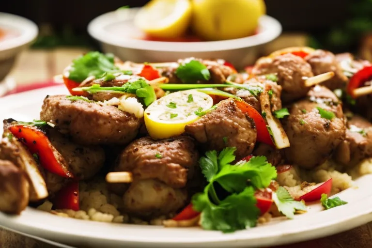 A colorful plate of Georgian Kebabs, surrounded by fresh vegetables and warm bread, with a hint of lemon on the side.