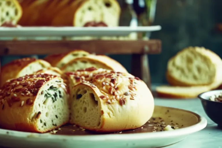 A rustic tableau of a freshly baked bread topped with melted cheese and herbs, surrounded by colorful ceramic plates and utensils.