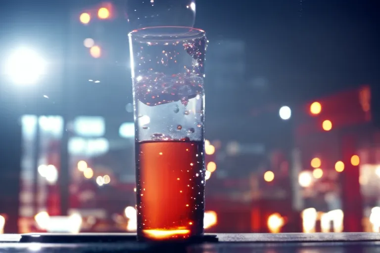 A tall glass filled with ice and a siphon bottle with bubbling water in the foreground, with blurred colorful lights in the background.