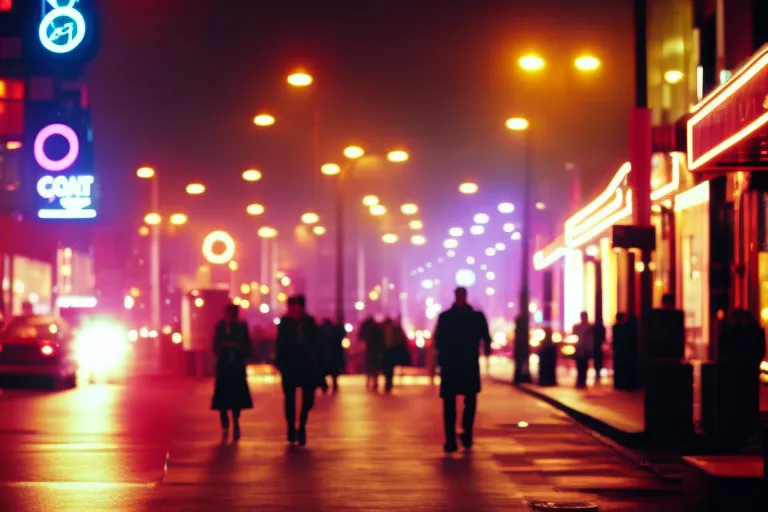 A neon-lit street in a bustling city, lined with vibrant clubs and bars. Silhouettes of people in fashionable attire can be seen entering the establishments.