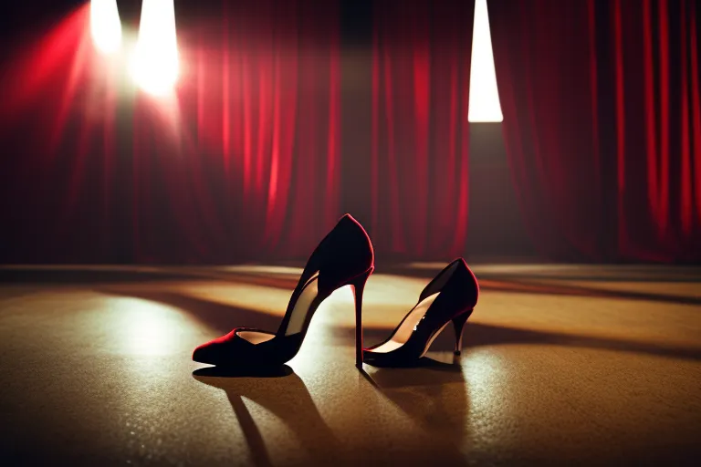 A dimly-lit room with a wooden dance floor and a red velvet curtain in the background. A single pair of tango shoes lies in the center of the frame.