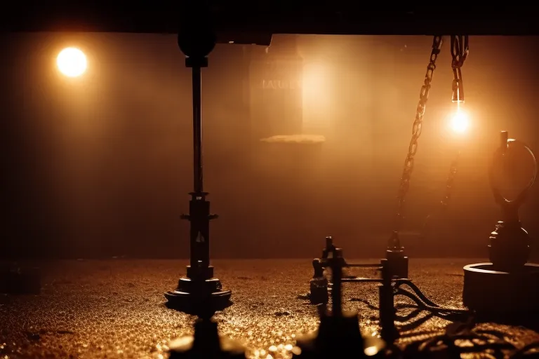 A dark, somber museum room with a single spotlight shining down on a rusted metal object, surrounded by shadowy silhouettes of other objects.