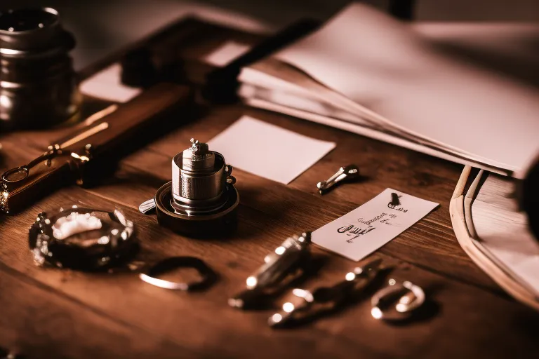 A calligrapher's tools and supplies set up on a wooden desk, with soft lighting and a single flower next to the inkwell.