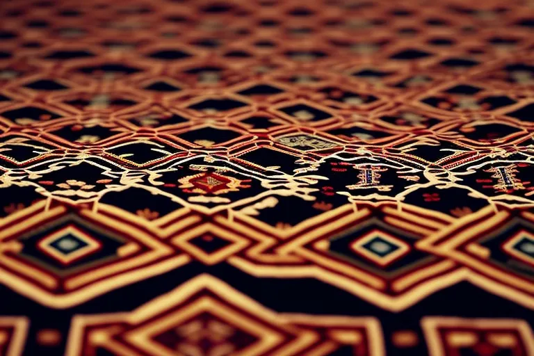 A vibrant and intricate carpet woven with vibrant colors and designs, set against a backdrop of geometric shapes and patterns.