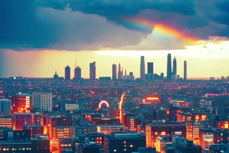 A colorful and vibrant cityscape with a building illuminated in rainbow colors, surrounded by diverse and inclusive symbols and imagery.