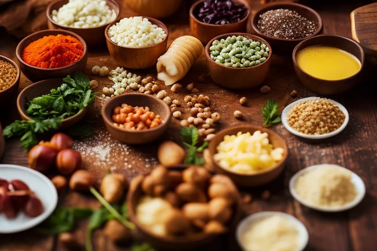 A colorful spread of Georgian ingredients on a rustic wooden table.