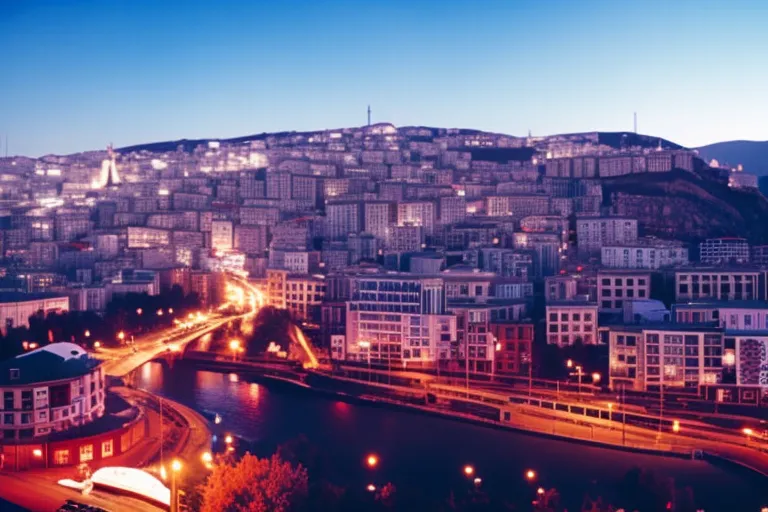 A colorful and vibrant abstract cityscape with various shapes and patterns, representing the eclectic music scene of Tbilisi.