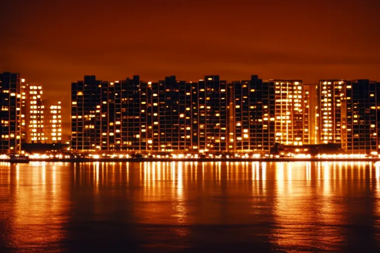 A photo of a luxurious apartment building at night, with soft, warm lighting emanating from the windows and a faint reflection in a nearby body of water.