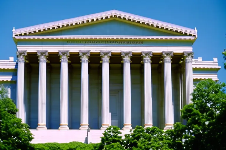 A majestic neoclassical building with intricate details and columns, surrounded by lush greenery and blue skies.