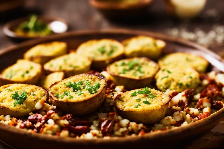 A rustic wooden plate with freshly baked Mchadi cornbread, topped with melted butter and a sprinkle of salt, surrounded by a colorful array of spices and herbs.