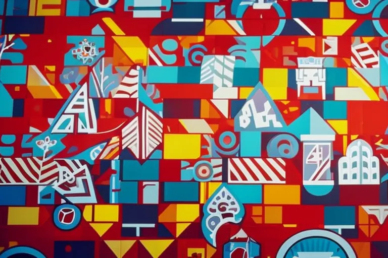 A colorful mural on a brick wall in an urban area with abstract shapes and patterns.