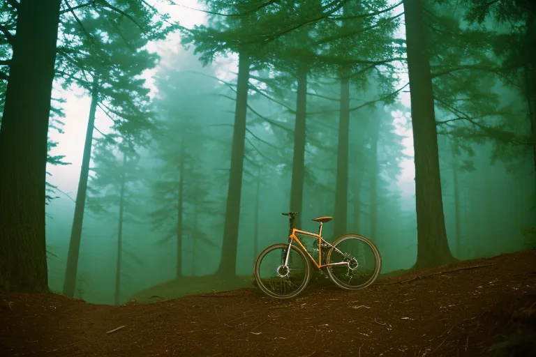 A mountain bike leaning against a tree in a clearing surrounded by mist and tall trees.