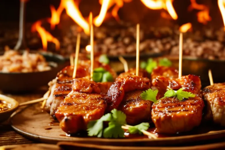 A rustic scene featuring a skewer of marinated pork cooking over an open flame, with a mix of spices and herbs visible in the foreground. The background is blurred to create a sense of motion.