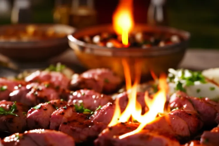 A rustic scene with a grill and skewers of marinated meat cooking over an open flame, surrounded by a variety of fresh herbs and sliced onions.