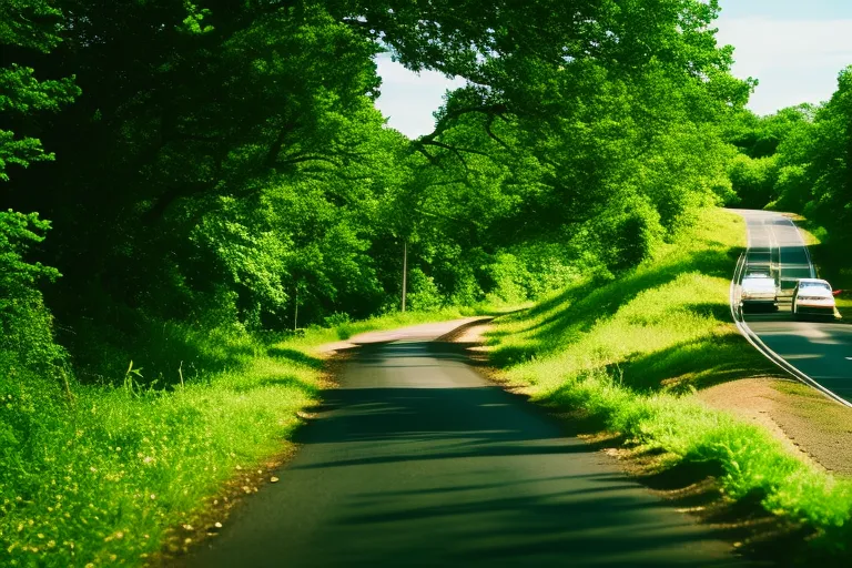 A winding road surrounded by lush greenery and blue skies, with a single car driving in the distance.