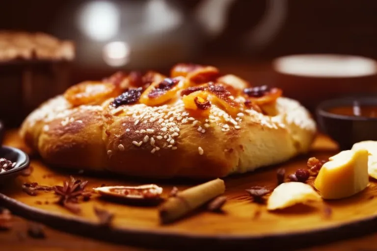 A warm, rustic scene with a plate of freshly baked nazuki bread surrounded by spices, dried fruit, and a teapot on a wooden table.