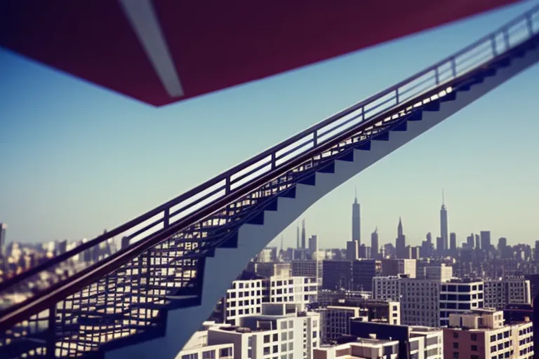Create a photo of a colorful staircase leading up to a hidden rooftop with a view of the city skyline. The staircase should have intricate patterns and designs.