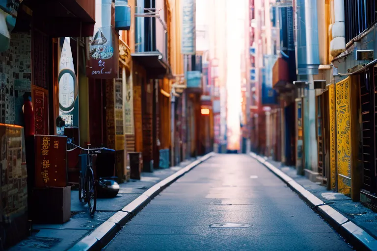 A colorful alleyway in a bustling city, featuring vibrant street art and traditional architecture.