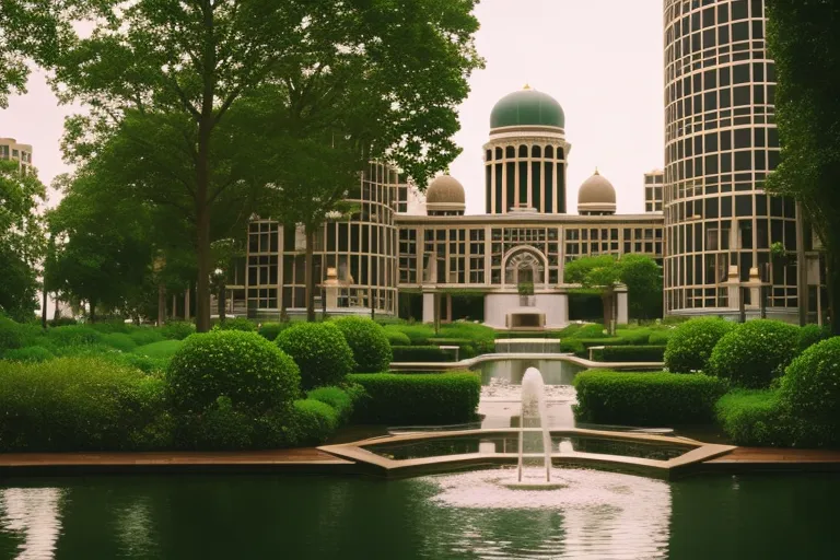 A photo of a grand and ornate building with a modern twist, surrounded by lush greenery and a peaceful water feature.