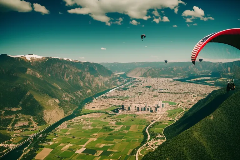 A bird's eye view of a city nestled between mountains and a river, with paragliders soaring overhead.