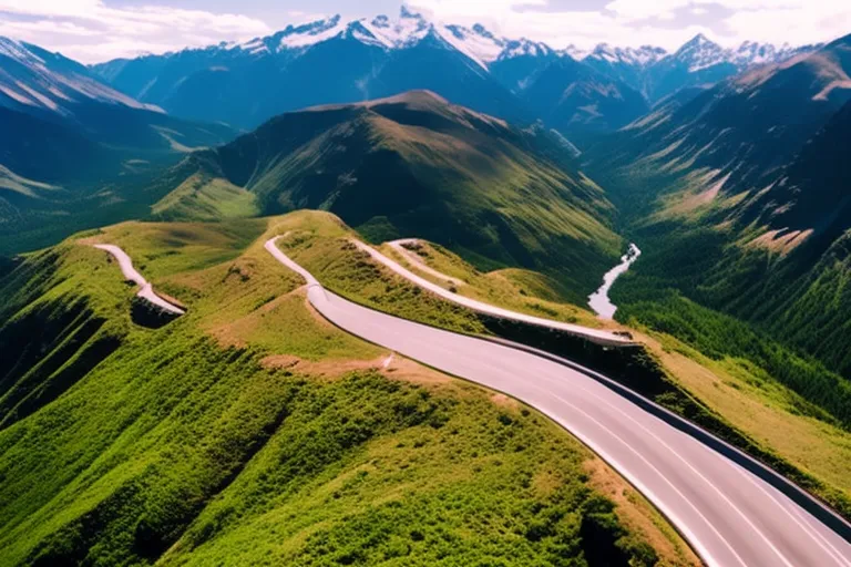 Aerial view of a winding mountain road surrounded by majestic snow-capped peaks and lush greenery. The road disappears into the distance, inviting the viewer to explore.