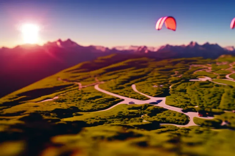Aerial shot of colorful paragliders soaring over a majestic mountain range, with the sun setting in the background.