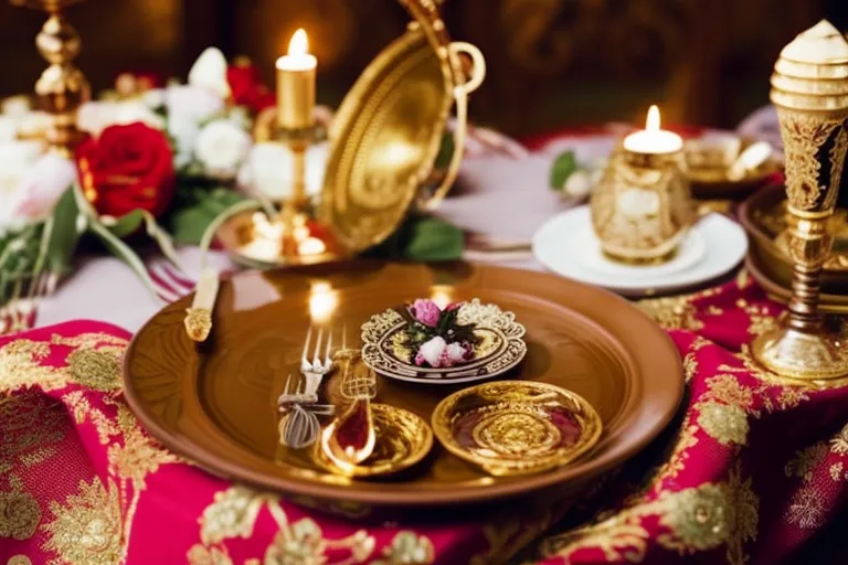 A table set with traditional Georgian wedding items, including plates, money, and a Tamada's horn, against a backdrop of colorful fabrics and flowers.